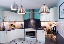 Кутова кухня в кухні-вітальні фото з диваном, поєднання з круглим столом, напівкруглий дизайн