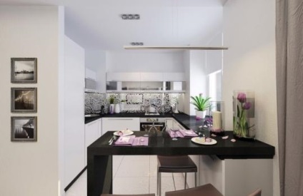 Кутова кухня в кухні-вітальні фото з диваном, поєднання з круглим столом, напівкруглий дизайн