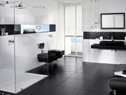 Fekete-fehér fürdőszoba fotó és tervezési jellemzők, hogyan feküdt csempe