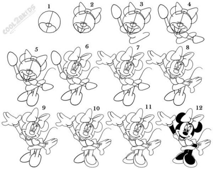 Hogyan kell felhívni Minni Maus (barátnője Mickey Mouse) szakaszokban ceruza