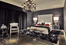 Fényes fekete bútor, színben és képek, színek falak és ágy, belső stílusok,