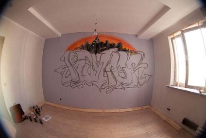 Graffiti a belső a lakás az ő keze (a) Graffiti a belső a lakás az ő keze