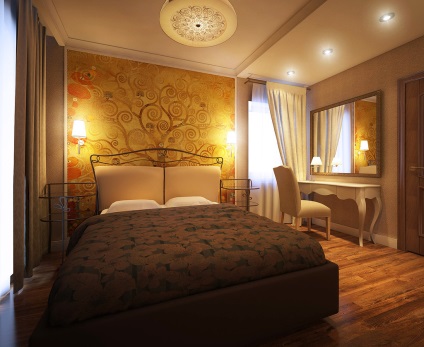 Hálószoba belső fotó, meleg színekkel és kényelmes design, színek és árnyalatok