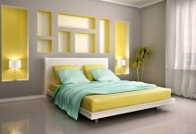 Hálószoba belső fotó, meleg színekkel és kényelmes design, színek és árnyalatok