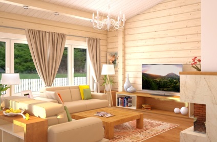 Belsejében egy faház nappali dekoráció és design, esztétikus táj