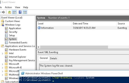 Tisztítása az ablakok eseménynapló segítségével PowerShell wevtutil, ablakok a rendszer (esemény) Tisztítása az ablakok eseménynapló segítségével PowerShell wevtutil, ablakok a rendszer