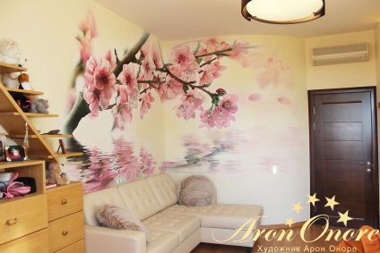 Festett falak a hálószobában cseresznye (festés falak hálószoba) Falfestmény a hálószobában Sakura