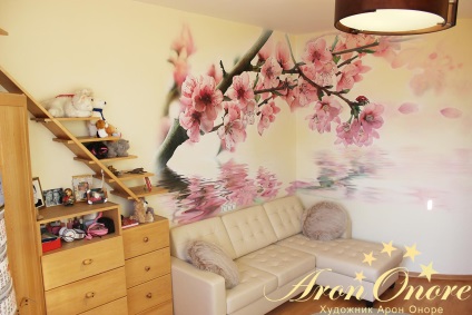 Festett falak a hálószobában cseresznye (hálószoba) Falfestmény a hálószobában Sakura