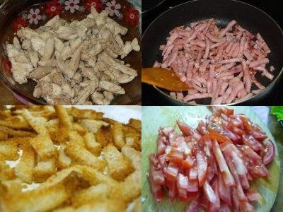 Saláta csirke, szalonna, paradicsom és kenyérkockákkal