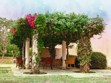 Pergolák fából és fémből kerttervezés kert, szép tervek egy padon a kertben
