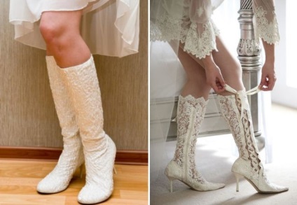 Winter, csipke, fehér menyasszonyi cipő a menyasszony