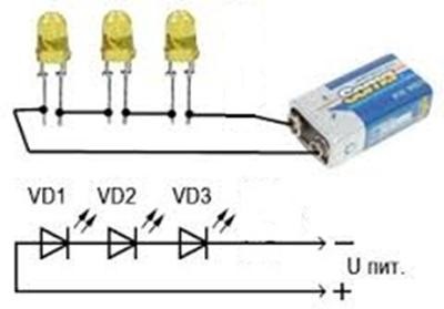 Hogyan kell csatlakoztatni a LED az akkumulátor 1, 3 és 5 V, 9b Kroon