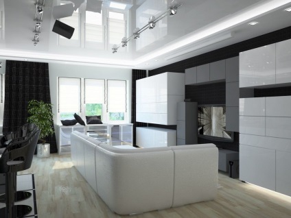 Bútor a high-tech stílust a belső folyosó, nappali, konyha, hálószoba, gyerekszoba és fürdőszoba,