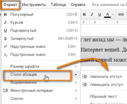 Google docs használja behúzás, a lapok és listák