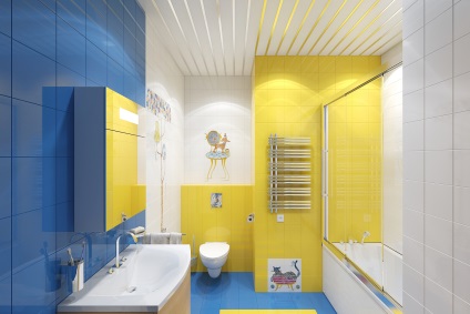 Kék fürdőszoba, szép belsőépítészeti, színválaszték függönyök, csempék, bútorok, mosogatók, padló