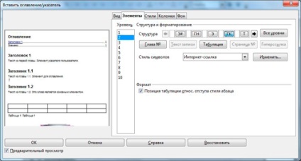 Létrehozása a tartalomjegyzék segítségével egy szövegszerkesztő OpenOffice