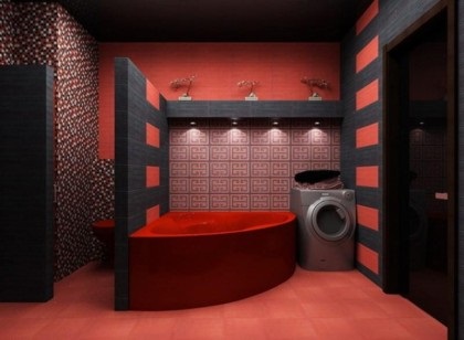Fürdőszoba tervezés piros színben, lakberendezés fürdőszoba piros, felújított lakás