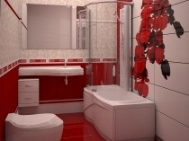 Fürdőszoba tervezés piros színben, lakberendezés fürdőszoba piros, felújított lakás