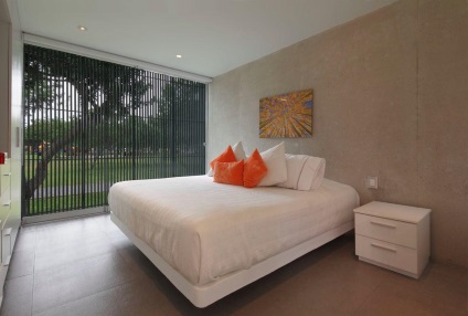 Orange hálószoba, gyönyörű belső kialakítás, színválasztás a bútorok, függönyök és tapéták