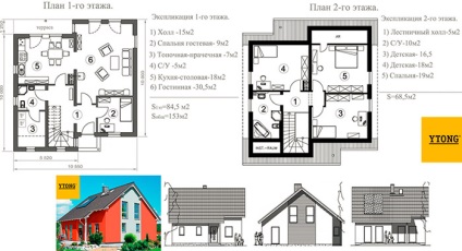 Projektek házak pórusbeton egy- és kétszintes épület, garázs és tetőtér, rajzok