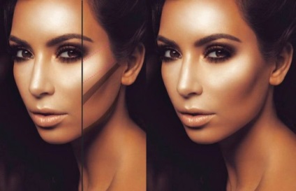 Kontúrozás különböző zónák az arc és a nyak területén segítségével kiemelő és bronzer (arc) Kontúrozás különböző területeken az arc és a nyak területén egy kiemelő és bronzosító