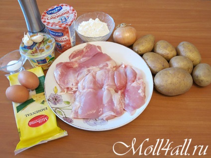 Burgonya rakott csirke a sütőben, a recept egy fotó (rakott burgonya recept) Burgonya rakott csirke a sütőben, a recept egy fotót