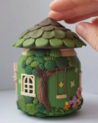 Fairy házak a konzervdobozok és műanyag agyag (agyag tégelyek polimer) Mesés házak dobozok és polimer agyag
