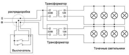 Bekötési rajz halogén lámpák egy transzformátor, villanyszerelő a házban