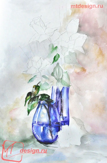 Döntetlen rózsa üvegvázákba akvarell, mtdesign