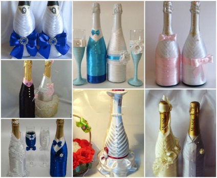 Díszítsük egy üveg pezsgőt az esküvőre saját kezűleg - a népszerű tervezési lehetőségek