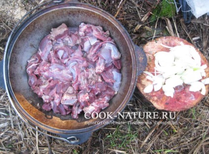 Hare pörkölt burgonyával - főzni a szabadban (nyúl) Hare pörkölt burgonyával - kész természet