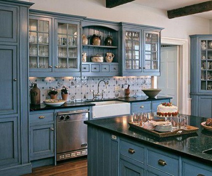 Blue konyha fotók, színek kombinációja, a színe a tapéta kék konyha