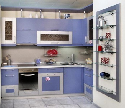 Blue konyha fotók, színek kombinációja, a színe a tapéta kék konyha