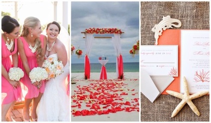 Esküvői egy korall színkombinációk, dekoráció frakk egy korall színű esküvői