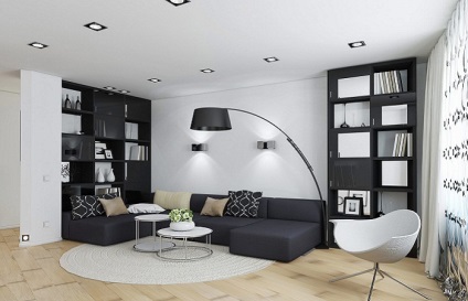 Fekete és fehér nappali - belsőépítészeti, kiegészítők, fotók