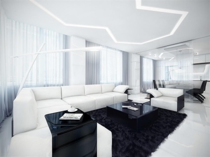 Fekete és fehér nappali tervezés és színhatások a belső, a választás a bútorok színét, fóliás