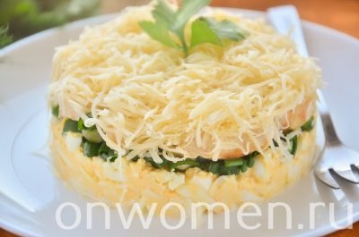 Rakott saláta csirkével, tojással és a zöld hagymát recept egy fotó