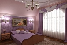 Lila hálószoba színek és design, fotó, színes a belső, fehér bútorokkal és egy szürke fal