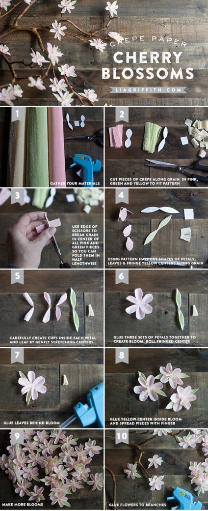 Hogyan készítsünk egy cseresznyefa ág virággal készült krepp-papír saját kezűleg