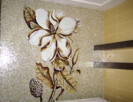Mozaik padlóburkolatok a fürdőszobában, konyhában kezével, üveg, művészet