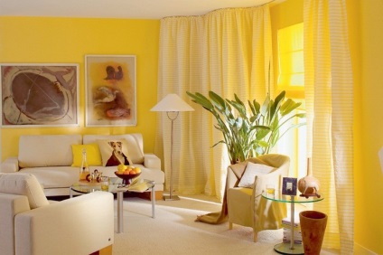 Áttekintés a sárga tapéta belső képet sárga falakkal, kombinálva fekete, szürke, fehér, zöld