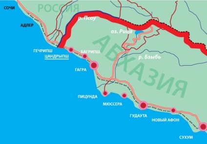 Részletes térkép a Fekete-tenger partján, Abházia, a falvak, városok és üdülőhelyek