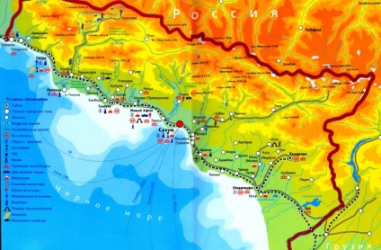 Részletes térkép a Fekete-tenger partján, Abházia, a falvak, városok és üdülőhelyek