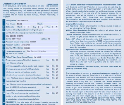 Amerikai vízumot, szabályait belépést az Egyesült Államokban, egy példa az Egyesült Államok Vámügyi Nyilatkozat