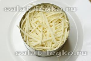 Rakott saláta - Bride - csirke, olvasztott sajttal és tojással recept fényképpel (cukor) Rakott saláta - Bride - csirke, olvasztott sajttal és tojással recept egy fotó