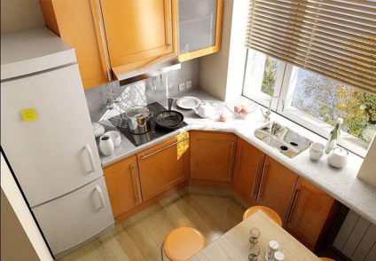 Дизайн маленької кухні в хрущовці з газовою колонкою і холодильником як заховати газову колонку