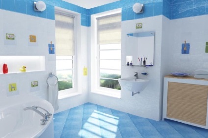 Kék fürdőszoba - design, fehér és kék színben, a kombináció más színek (kombinált) Kék fürdőszoba - design, fehér és kék színben, a kombináció más színekkel
