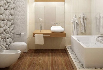 Fürdőszoba a tengeri stílusban, csempe, padló, bútorok, kiegészítők