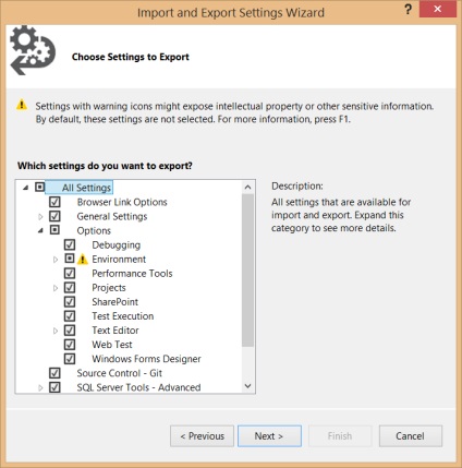 Visual Studio, az import és export beállítások