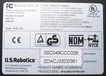 US Robotics szélessávú router, modell 8000-02
